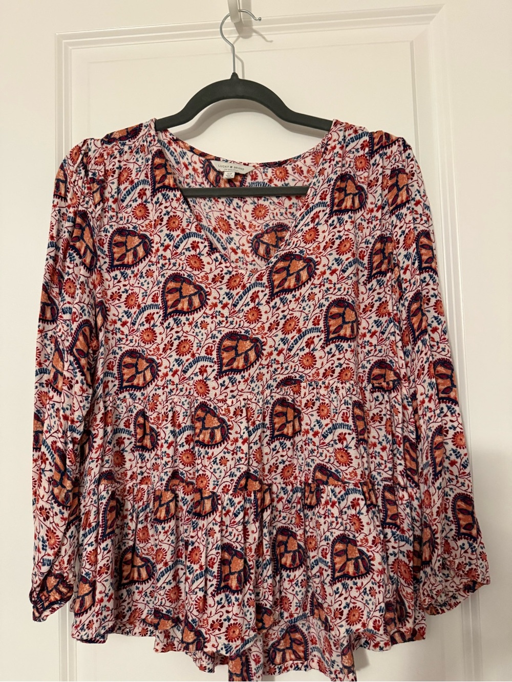 Lucky Brand Boho Floral Peplum V-Neck Long Sleeve Top - Pink & Orange Size Small